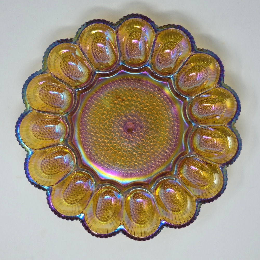 Indiana Glass Gold Carnival Hobnail Egg Plate Relish Tray 1213 Amber Rainbow - Picture 9 of 12